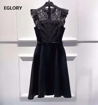 

Slim Fit & Flare Dress 2020 Summer High Quality Clothing Women Sexy Hollow Out Lace Patchwork Sleeveless Wine Red Black Dress