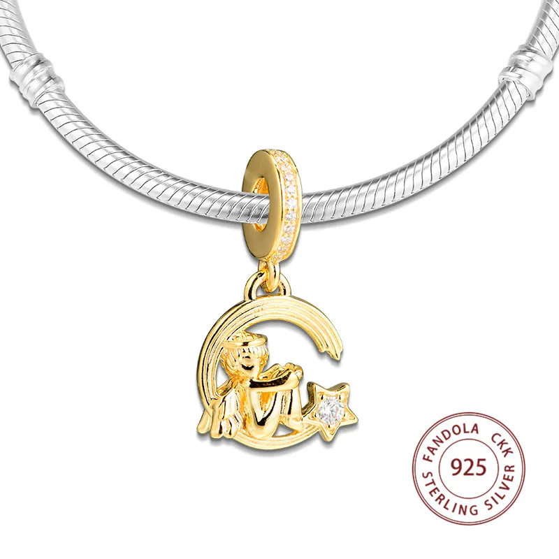 Подходит для браслетов Pandora berloques, 925 пробы, серебряный, блестящий, ангел и падающая звезда, Висячие Подвески, бусины для изготовления ювелирных изделий