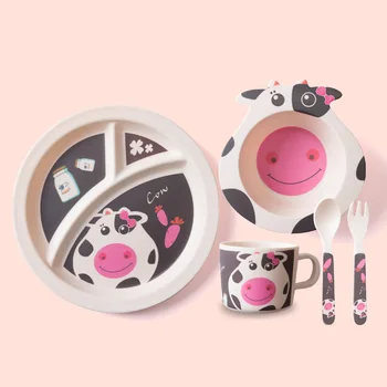 

5Pcs/set Eco-friendly Bamboo Fiber Baby Dishes Tableware Set for Toddler Dinnerware Feeding Bowl Separation Plate WXY012