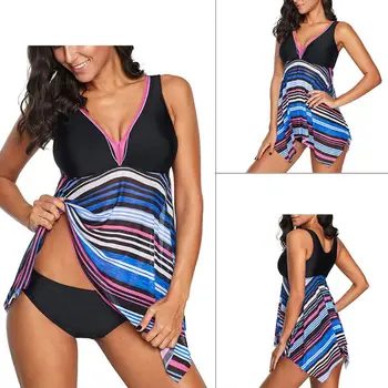 

Free shipping Womens Two Piece Tankini Swimdress V-Neck Stripes Asymmetric Tank Top Boyshort