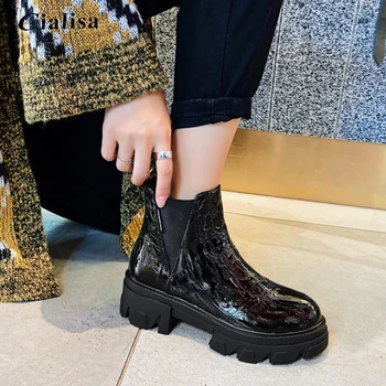 

CIALISA Women Shoes Elastic High Heel Fashion Round Toe Ankle Boots Fashion Autumn Winter Genuine Leather Platform Boots