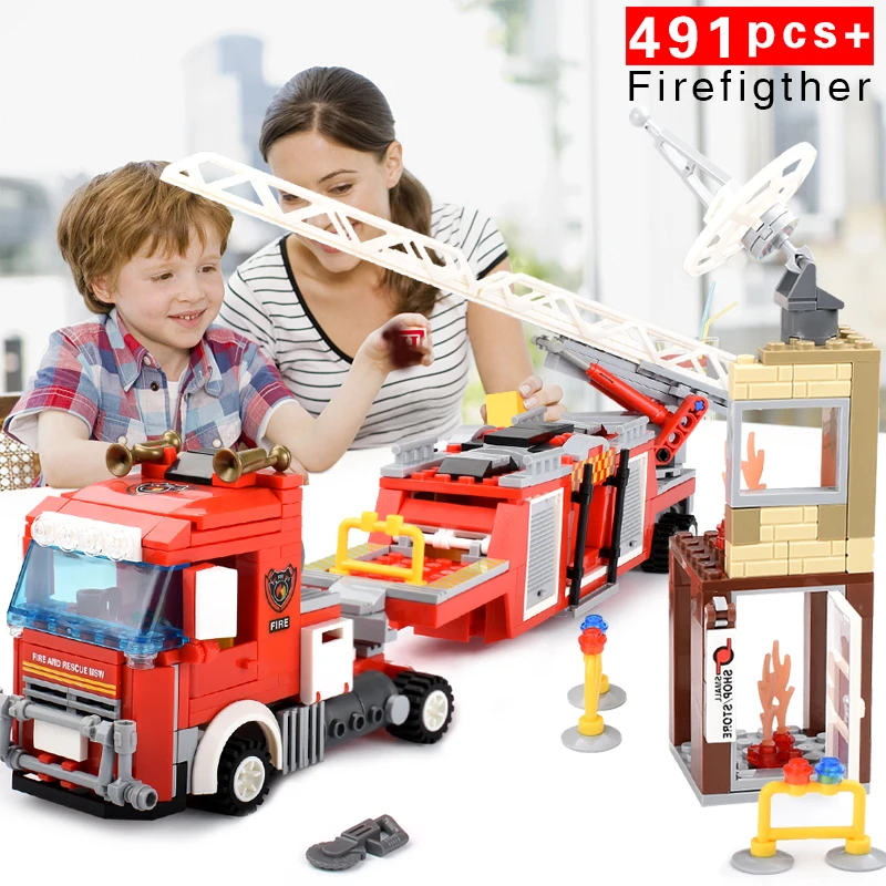 491+pcs DIY Blocks Rescue Fire Fighting Truck Building City Firemen figures Educational Bricks Toys for Children Kid Gift | Игрушки и