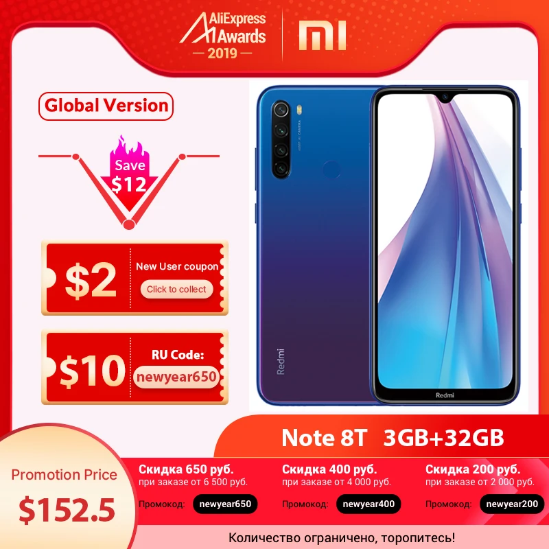 

Global Version Xiaomi Redmi Note 8T 3GB 32GB Smartphone 48MP Quad Camera 4000mAh Big Battery Snapdragon 665 Support NFC Phone