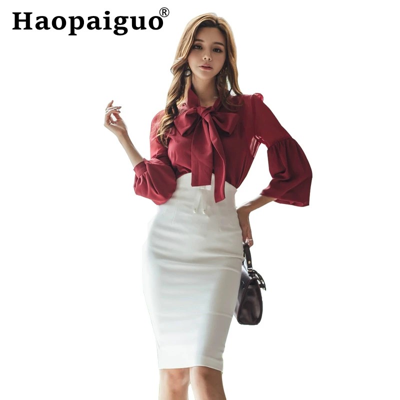 

Plus Size 2019 Autumn Winter Modis OL Work Office Two Piece Set Red Chiffon Blouse with Bow and White Wrap Bodycon Skirt Suit
