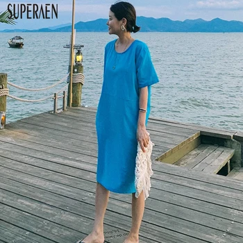 

SuperAen 2020 New Summer Temperament Cotton and Linen Dress Female Korean Style Pluz Size Women Dress Short Sleeve Dresses