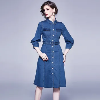 

Women Causal Jeans Dress Midi Outfits Three Quarter Sleeve Single Breasted Slim Female Denim Dress A-line Ladies Dress QY37730