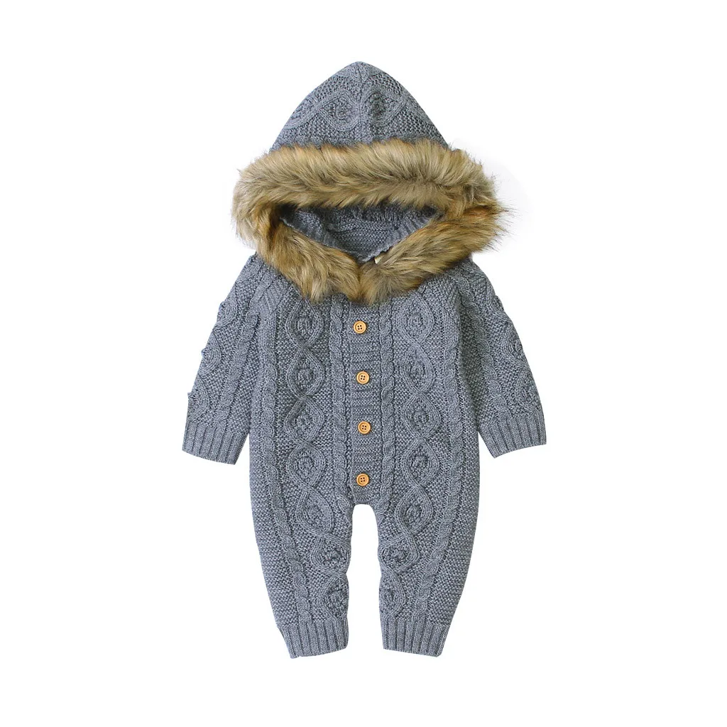Зимний свитер для маленьких мальчиков и девочек; вязаный теплый комбинезон с капюшоном и воротником из искусственного меха; комбинезоны для новорожденных; зимние комбинезоны с капюшоном
