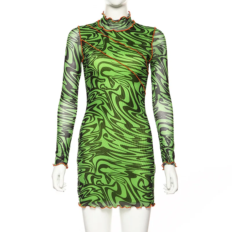 Green WannaThis неоновые зеленые сетчатые платья, мини облегающее платье с длинным рукавом и оборками, модные весенние Осенние сексуальные вечерние платья с рисунком - Цвет: Green