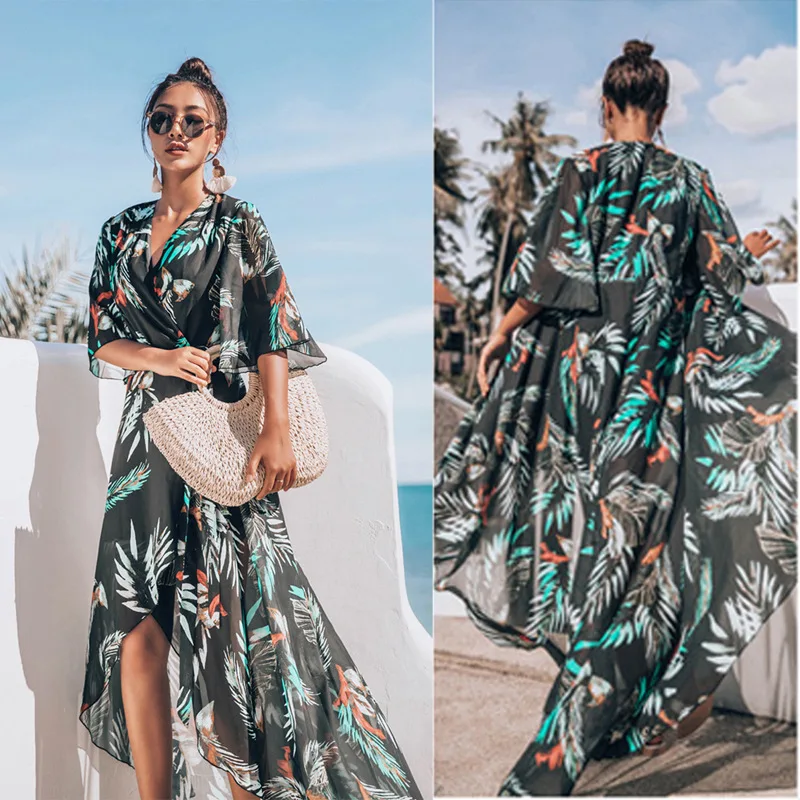 New Women Bohemian Leisure Beach Dress Sexy Transparent Irregular Floral Print Long Dresses Fashion Bikini Sunscreen Chiffon | Женская