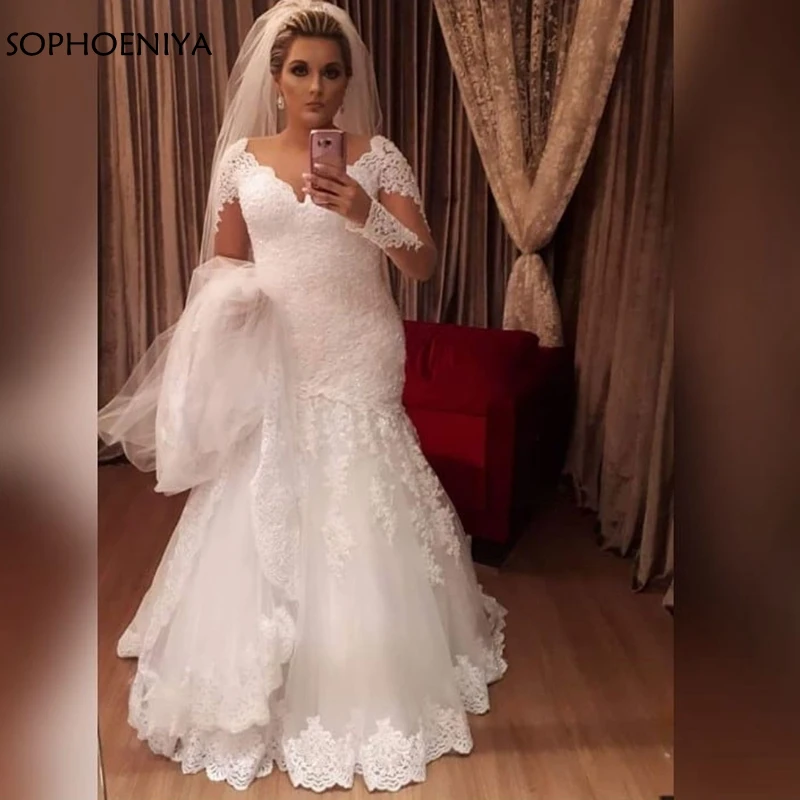 Robe de mariee свадебное платье с v-образным вырезом и длинным рукавом Suknia slubna trouwjurk, свадебные платья с русалочкой matrimonio