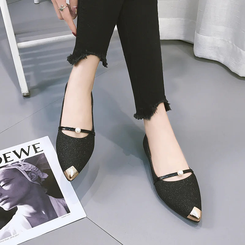 

Shoes Women Flat 2019 Spring New Style Moccosins Sequin Korean-style Versatile Metal Head Pearl Shoe WOMEN'S Shoes