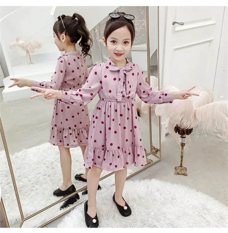 Коллекция года, детская одежда весенне-осеннее Трендовое платье с бантом в Корейском стиле для девочек модное платье в горошек с длинными рукавами