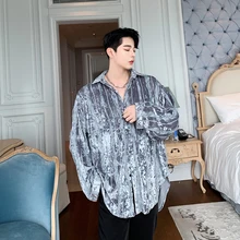 Мужская винтажная модная черная серая кружевная бархатная полосатая Свободная Повседневная рубашка с длинным рукавом мужская женская уличная хип-хоп платье рубашки