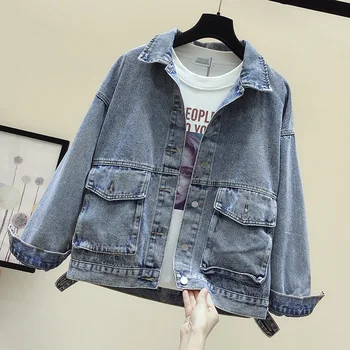 

denim coat for womens v-neck pocket loose fashion female preppy style outwear coat tops