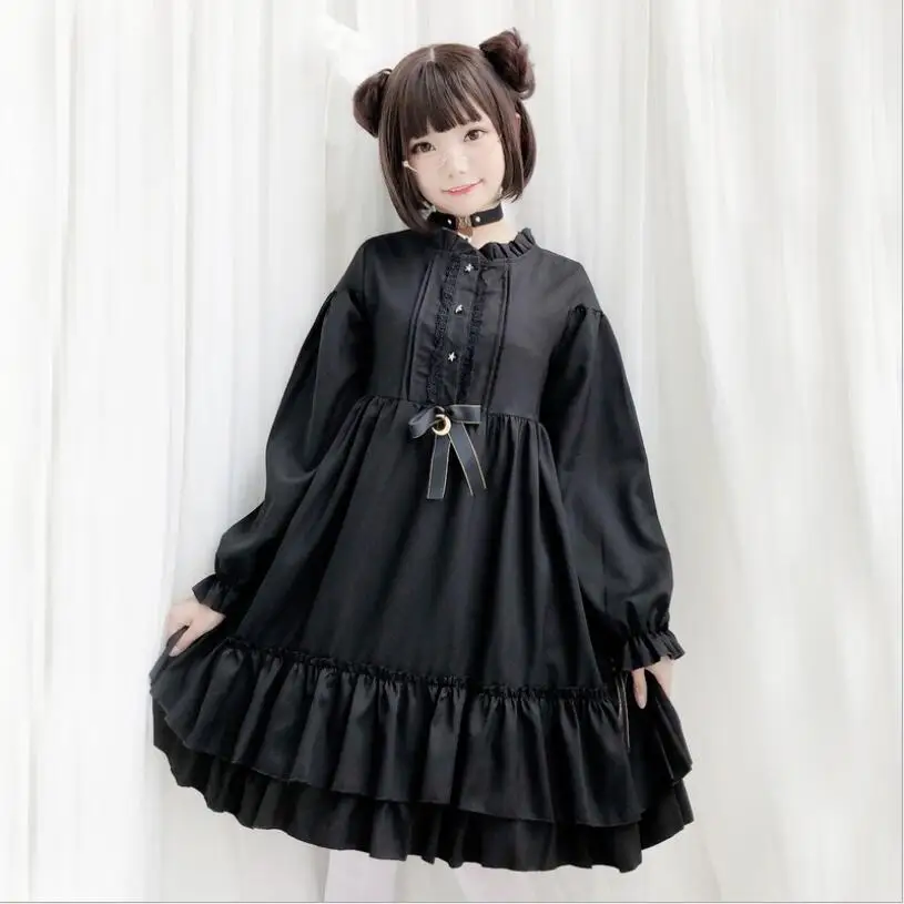 Vintage Gothic Long Sleeve Black Japanese Lolita Dress Court Kawaii Girl Lolita Cos Loli Tea Party Student Dress