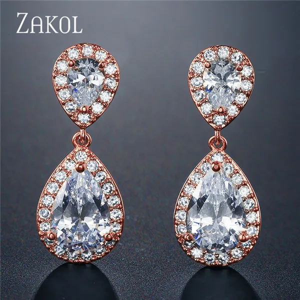 Rose Gold ZAKOL никель свободный моды классические в форме капли Кристалл циркония свадебные серьги для невесты украшения для Для женщин FSEP091 - Окраска металла: Rose Gold