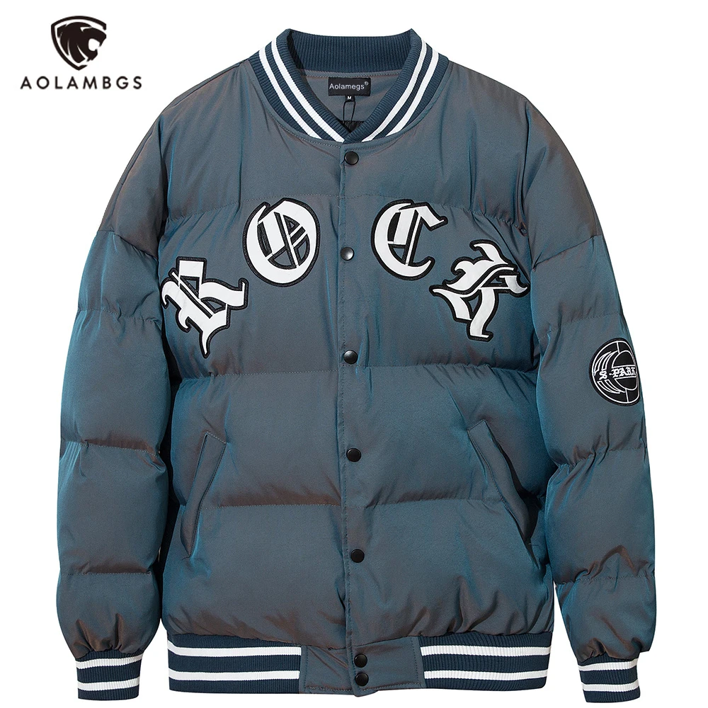 

Aolamegs Winter Down Jacket Letter Patch Embroidery Single Breasted Cotton Padded Warm Retro High Street Fashion Coat Streetwear