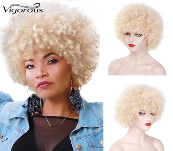 

Vigorous Afro Kinky Curly Wig Blonde Wig With Bangs Synthetic Short Wigs for Black Women High Temperature Hair