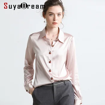 

SuyaDream Women Solid Blouses 16MM 100% Silk Satin 2020 Spring Long Sleeved Turn Down Collar Office Blouse Shirt