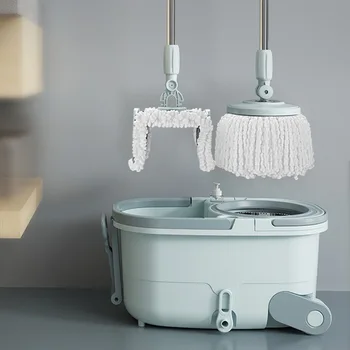 

2020 New 2 Mop With Bucket Flat Auto Squeeze Hand Free Lazy Mop Floor Cleaning Set Spin Round Mop Magic Touchless Microfiber Mop