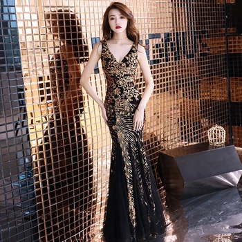 

Evening Dresses Shiny Sequins Mermaid Formal Party Dress V-Neck Sleeveless Elegant Prom Gowns Floor Length Robe De Soiree F245-1