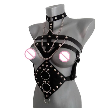 

Sexy Women Punk Nightclub Halterneck Choker Gothic Leather Leather Harness Lingerie Belt Erotic Waistband Chain Body Strap Punk