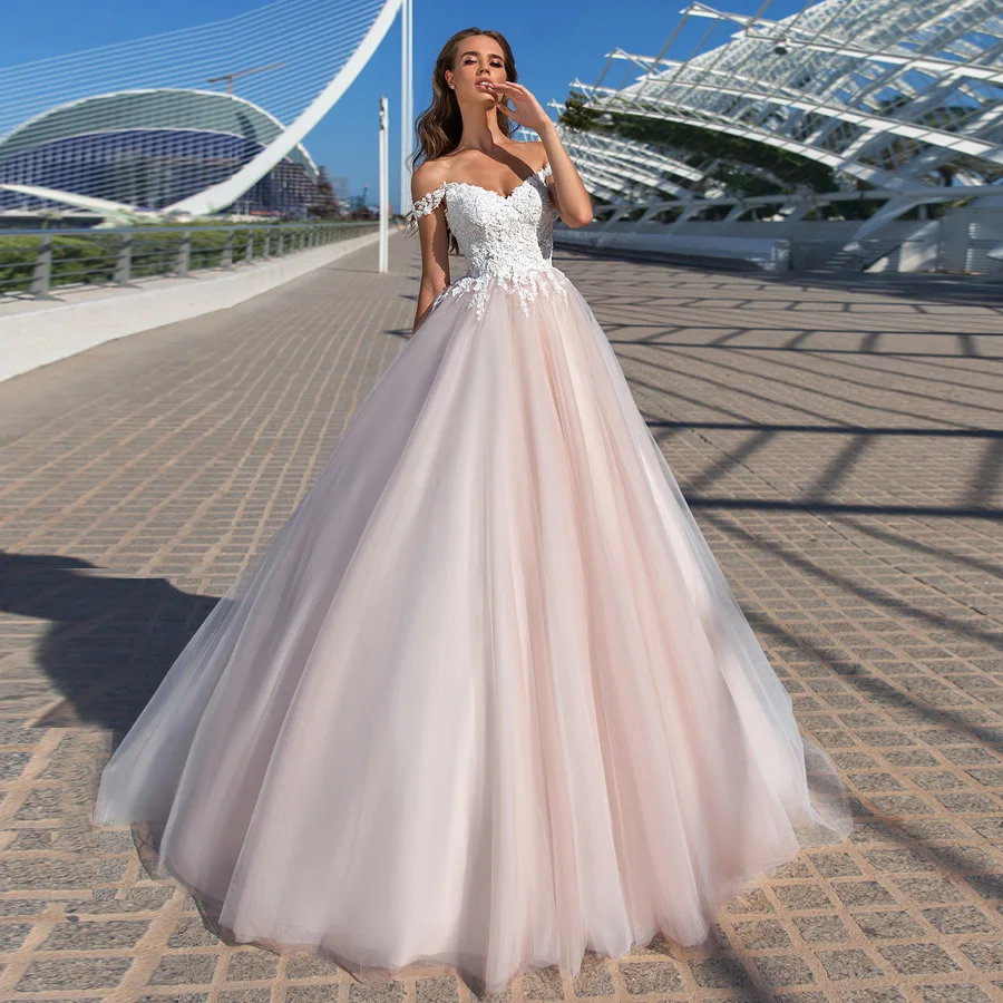 

ADLN Elegant Pink Wedding Dresses abito da sposa Off the Shoulder Corset Bridal Gown with Ivory Applique Tulle Bride Dress