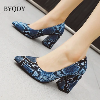 

BYQDY Snakeskin Women Wedding Shoes Bride Thick Heel Shallow Pumps Pointed Toe Customized Women Shoes High Heels T-Stage Pumps