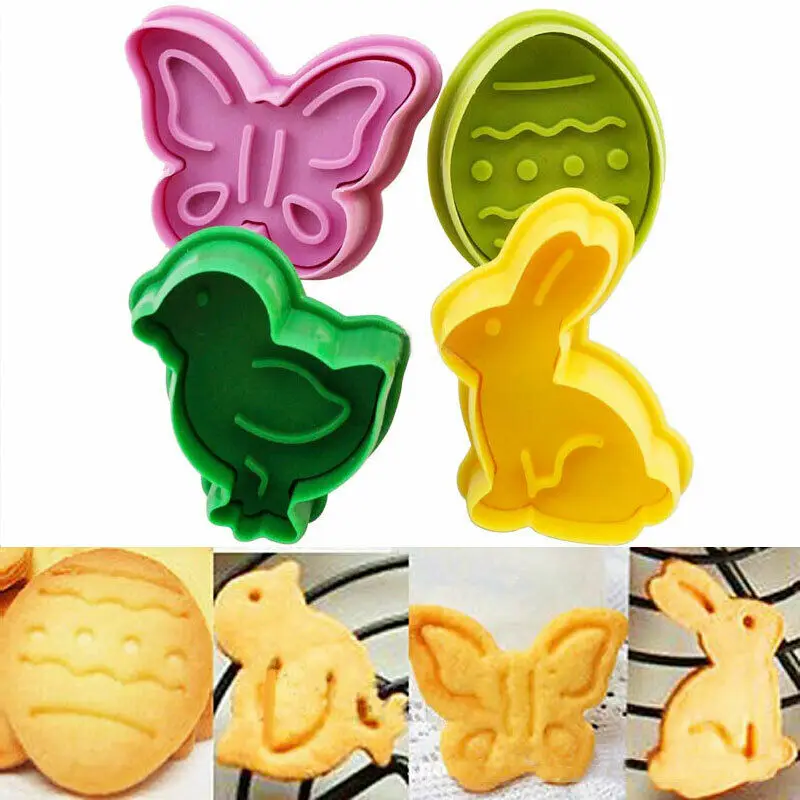 New Baking Mold 4 Pieces Set Easter Egg Rabbit Cake Fondant Plunger Cutter Cookies Biscuit Pastry Mold DIY Color Uncertain 2020