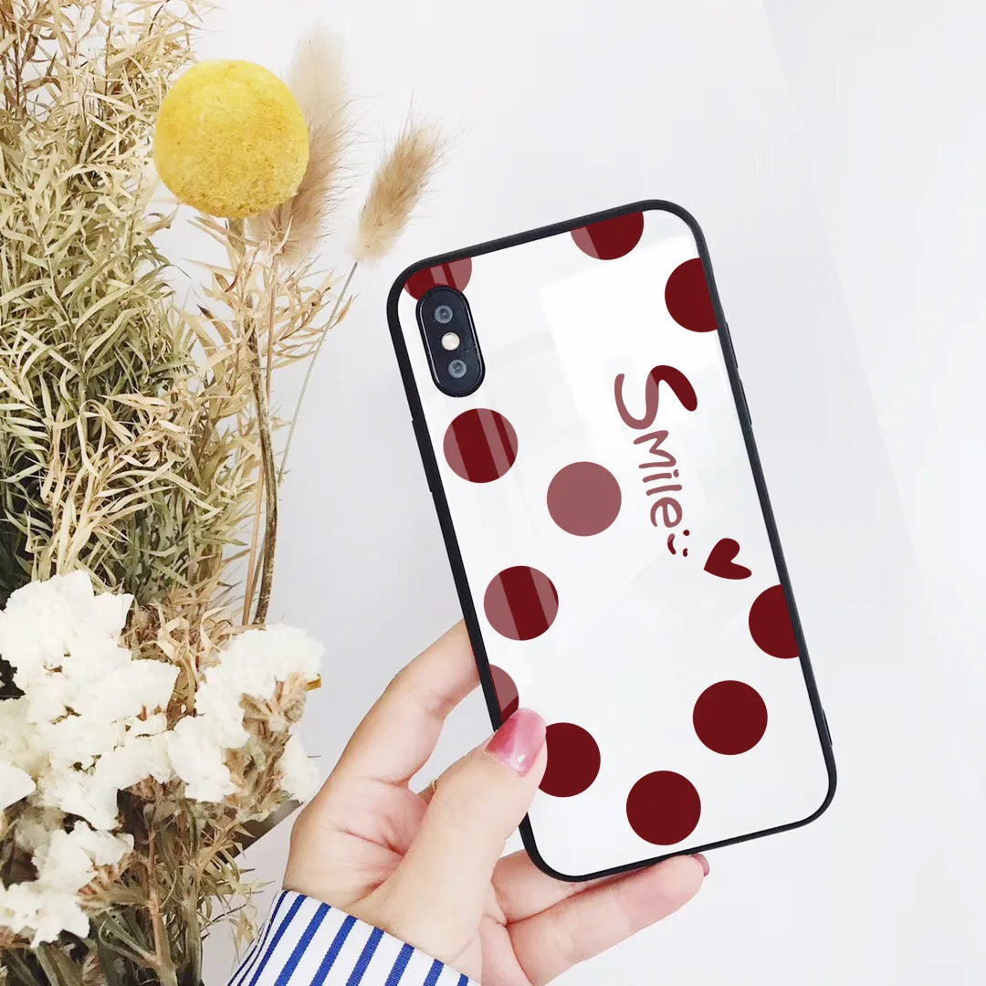 Для iPhone 11 Pro Max XS MAX XR XS i8 i8 Plus i7 i7 Plus защитный чехол из закаленного стекла с винно-красным узором в черный горошек для iPhone 6 6s Plus