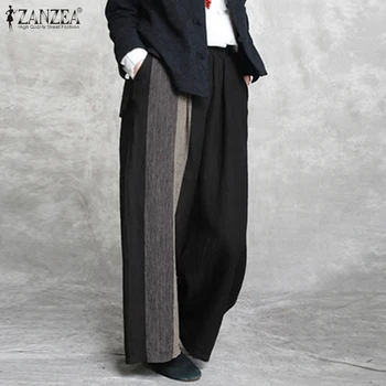 

Women's Autumn Trousers ZANZEA Elegant Stiching Pants Elastic Waist Pantalon Palazzo Female Casual Streetwear Turnip Plus Size