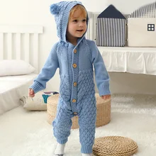 

3-18 Months Cute Baby Clothes Bodysuit Stereoscopic Hairball Hooded Solid Color Knitted Jumpsuit Baby Girl Clothes Christmas