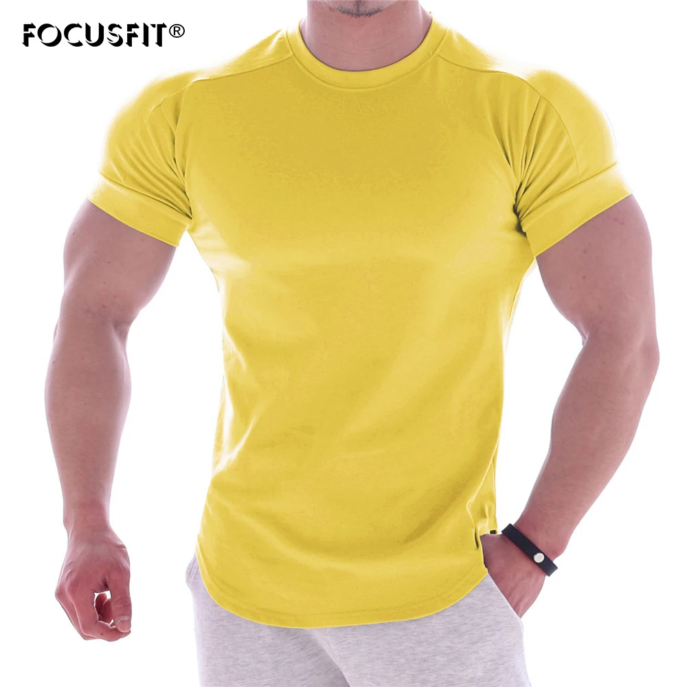 

FOCUSFIT Spring and Summer Pure Color Sports Fitness Short-sleeved T-shirt Men's Round Neck Stretch Training Exercise Tights