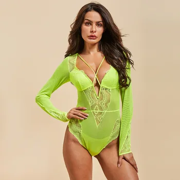 

Sexy mousse lingerie for women's waist trainer lace body bodysuit female corset suit transparent long sleeve catsuit jumpsuit