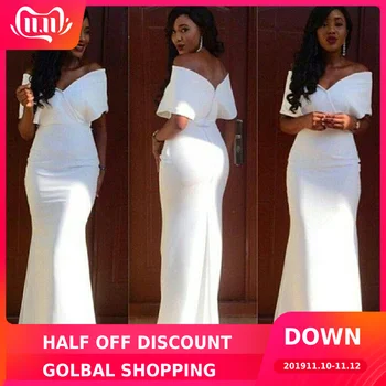 

Hot Sale White Bridesmaid Dresses Off the Shoulder V Neck Full Length Long Maid of Honor Wedding Party Guest Dress Cheap Vestido