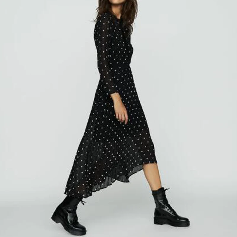 

Women Dress 2019 Spring and Summer New Irregular Self-cultivation Pleated Long-sleeved Embroidered Dress