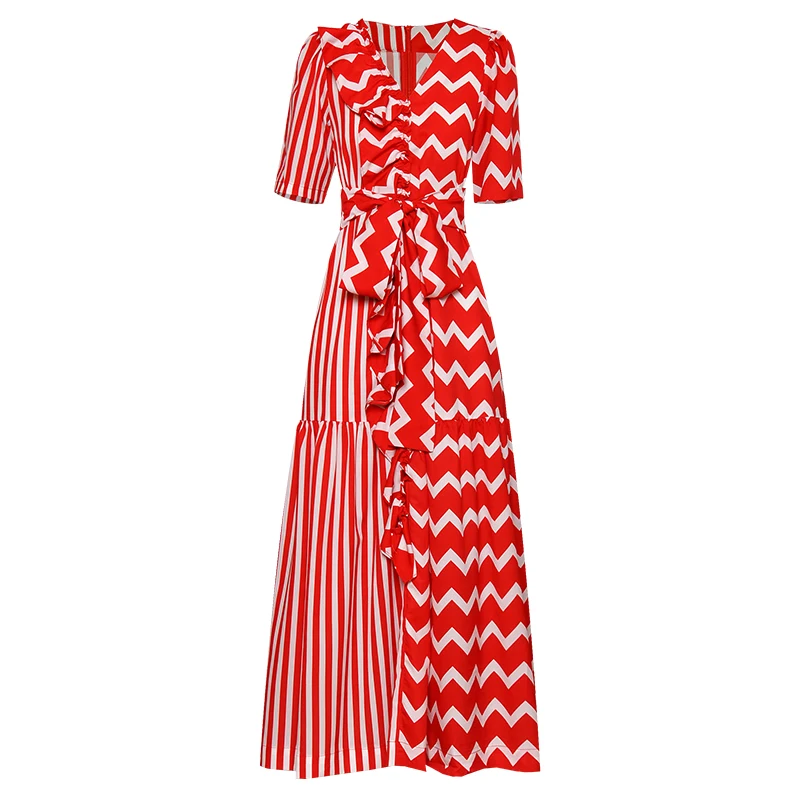 

Red RoosaRosee Designer Sexy V Neck Short Sleeve Ruffles Red White Stripe Print Boho Dress Elegant Lady Holiday Vestidos Robe