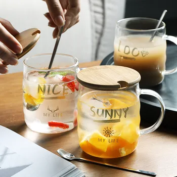 

Nordic Brief Transparent Glass with Lid Spoon Handle High Borosilicate Heat Resistant Large Capacity Household Juice Coffee Cups