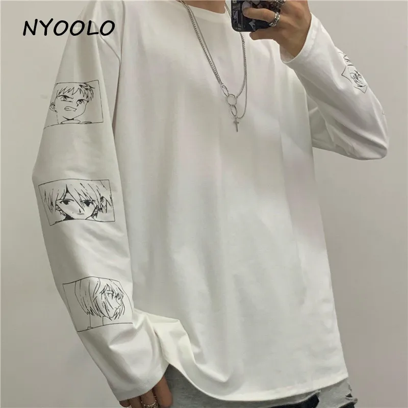 NYOOLO Harajuku стиль простой дизайн аниме персонаж печатных футболка Топы осень уличная одежда с длинным рукавом o-образным вырезом Футболка женская мужская одежда