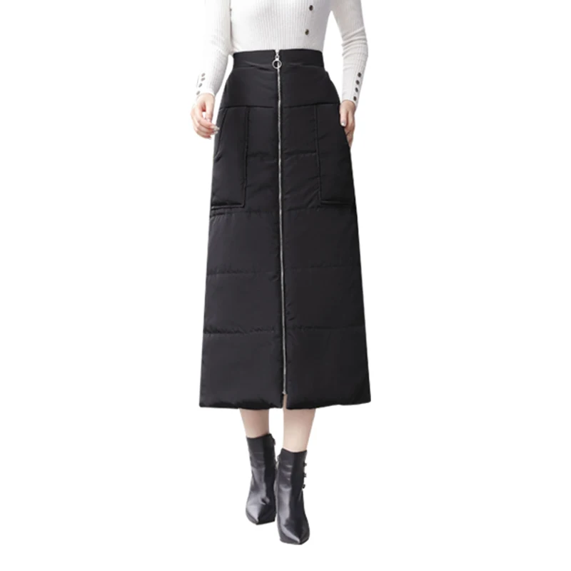 3XL 4XL эластичная талия размера плюс вниз хлопок Женская юбка макси с карманом зимняя теплая Женская юбка карандаш Femme Saias Longa - Цвет: Черный