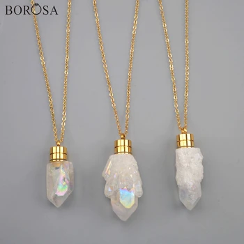 

BOROSA Gleamy Gold Aura Titanium Crystal Perfume Bottle Necklace AB Crystal Cluster Point Charm Pendants with LED Light Jewelry