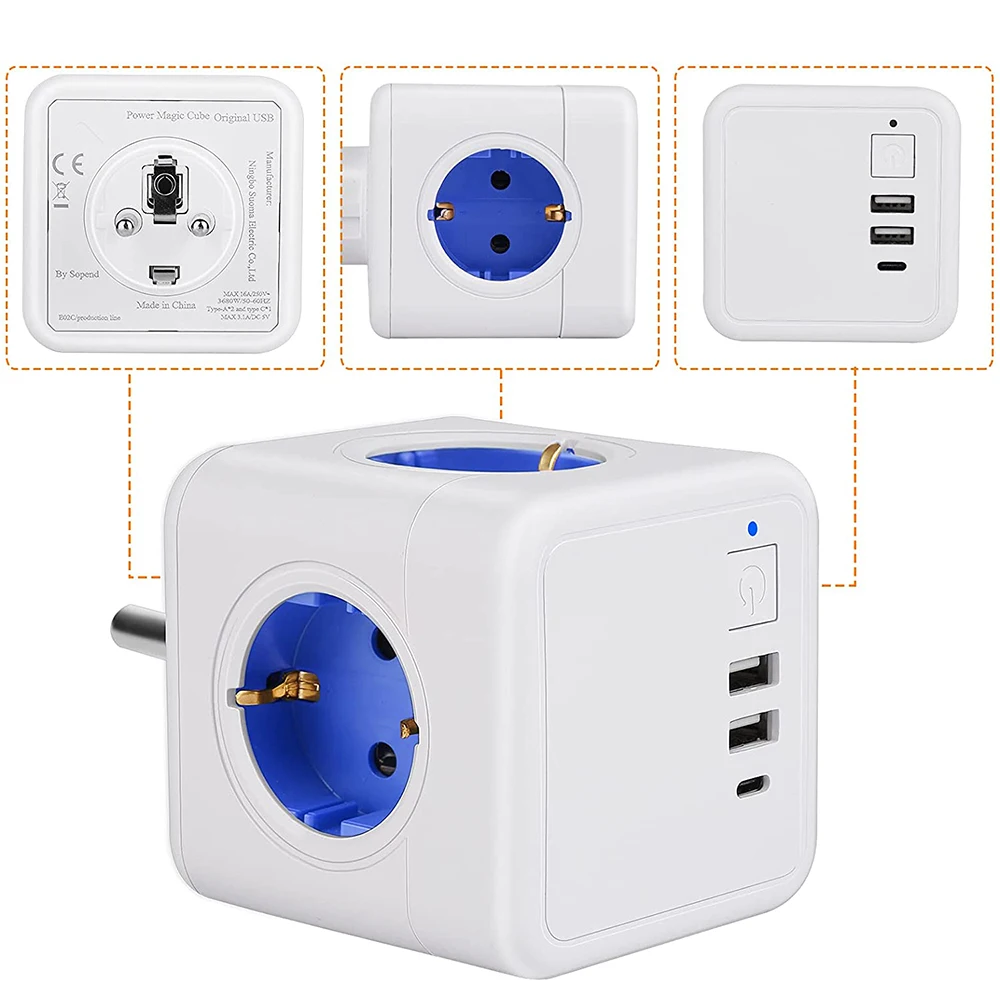 16A EU Wall Socket Power Strip with 4 AC Outlets 3 USB Charger Adapter Overload protection 3680W Socket on/off Switch