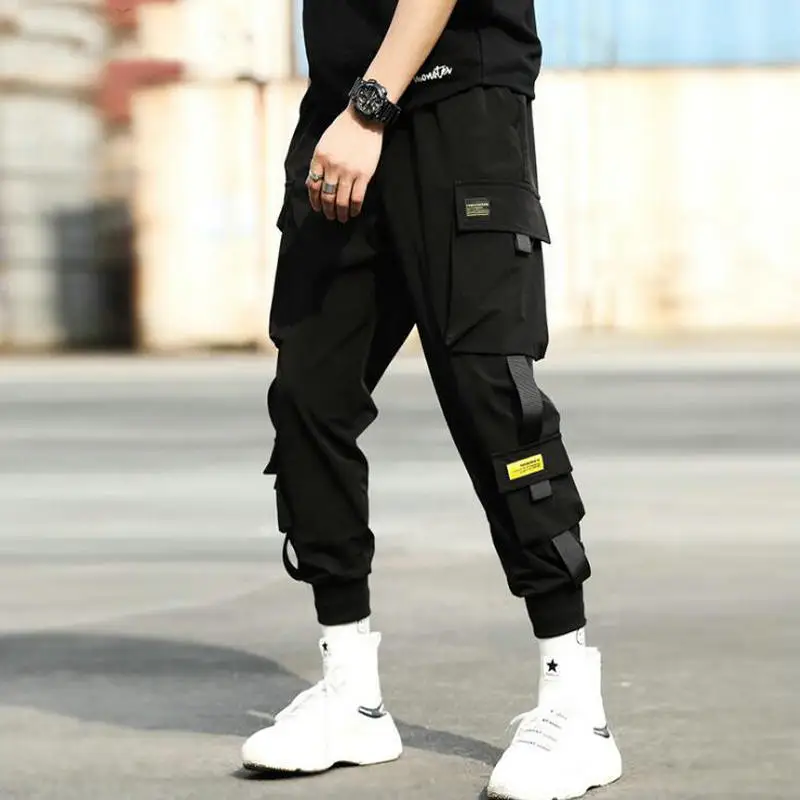 Streetwear Hip Hop Black Harem Pants Men Elastic Waist Punk Pants With Ribbons Casual Slim Jogger Pants Men Hip Hop Trousers harem pants men