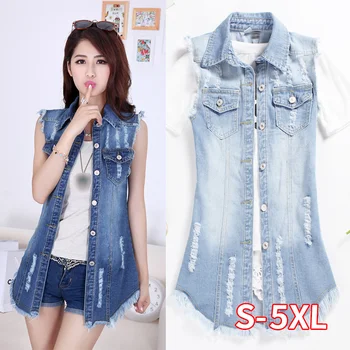 

Spring Summer Denim Vest Coat Women Loose Long Ripped Hole Coat Female Casual Slim Vintage Long Sleeveless Outerwear Plus Size