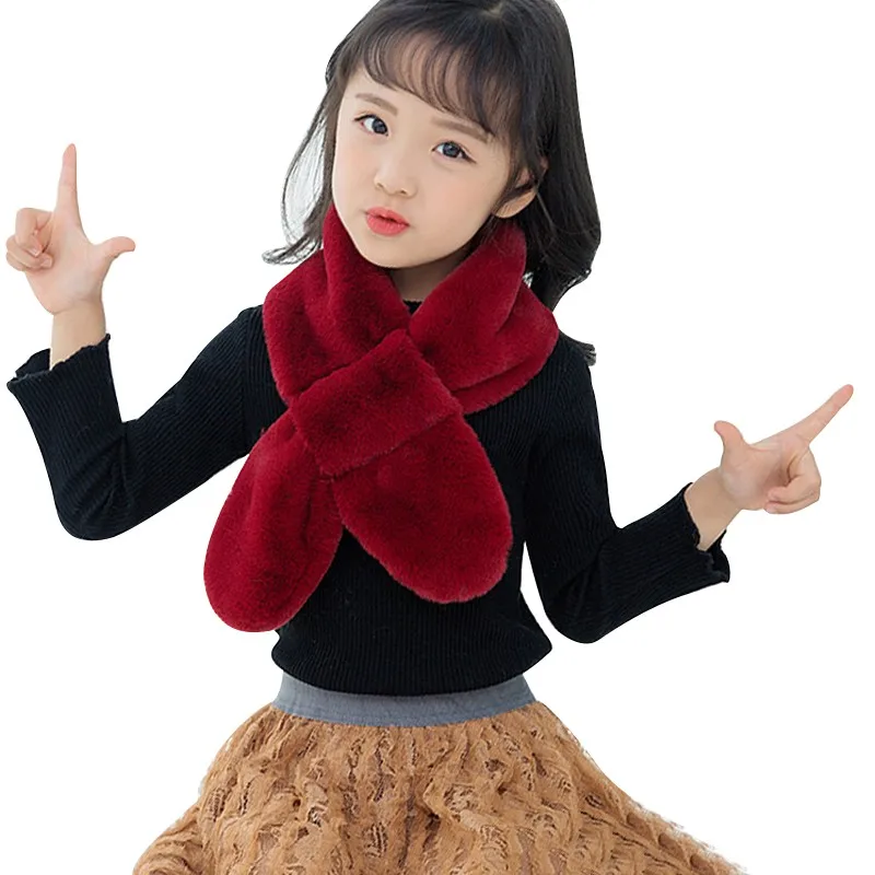 Детский шарф для девочек; плюшевый мех; Однотонный шарф с перекрестным воротником; шаль с воротником; зимняя теплая одежда - Цвет: JR