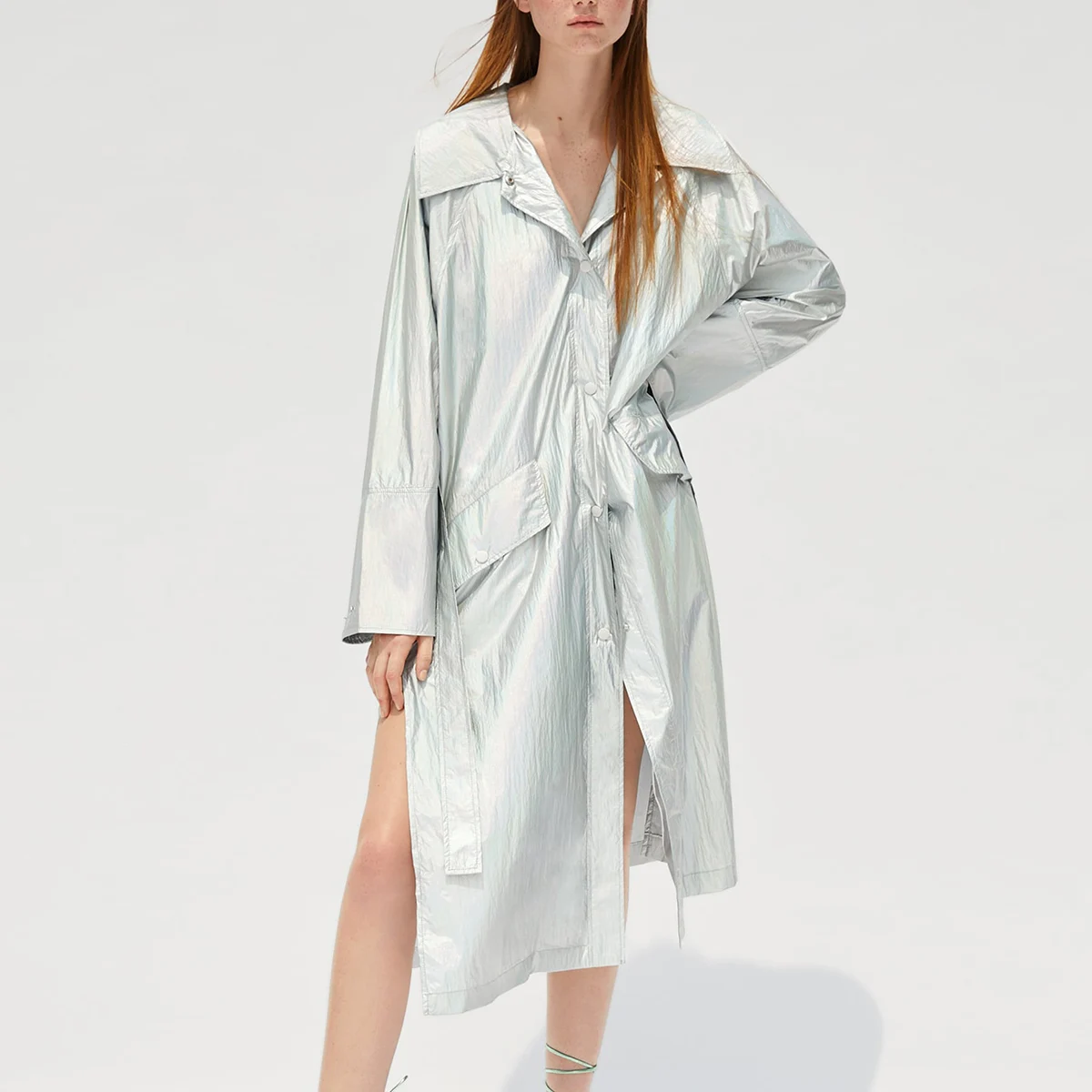 

Silver Plus Size Trench Coat Autumn Women Single Breasted Belted Rivet Split Long Casaco Feminino 2019 Loose Vintage Windbreaker