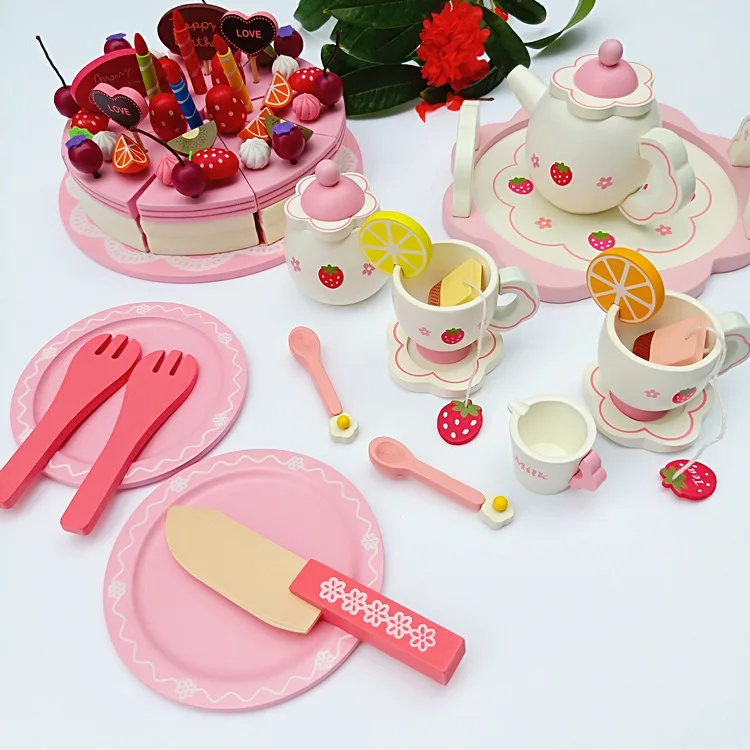

Birthday Children Model Wooden Toys Tea Set Tea Pot Gift Play House Set Afternoon Tea Cake GIRL'S