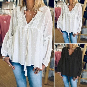 

Autumn Fshion Loose SweatShirt WomenSolid Color Deep V-neck Drawstring Lace Long Sleeve Tops YY