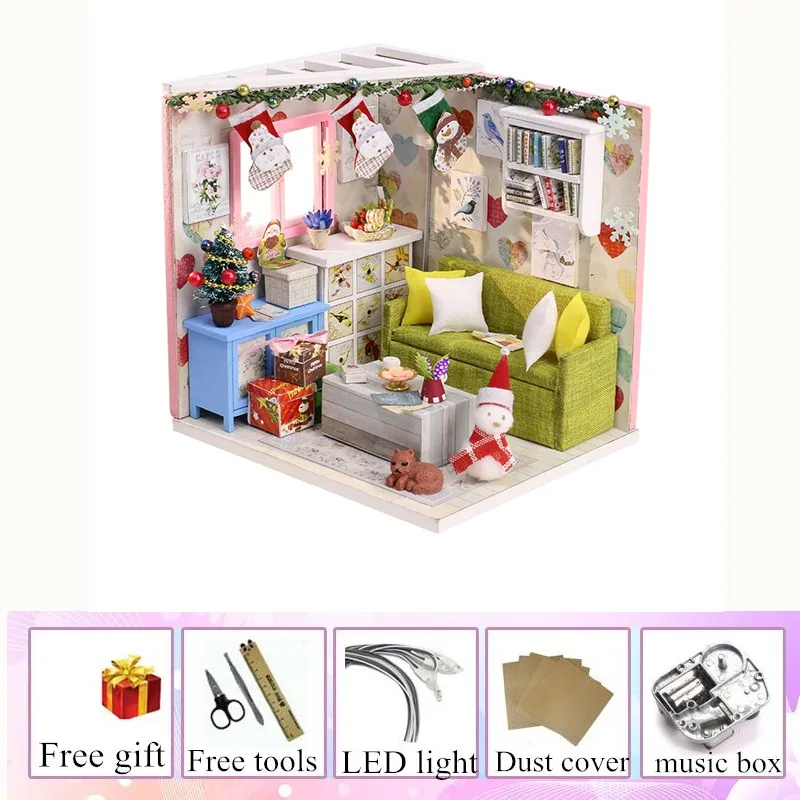 miniature house with light kast cat doll accessories diy mini wooden dollhouse tiny child doll house toy oyuncak bebek evi - Цвет: dust cover and music