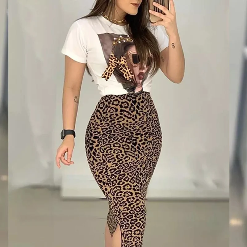 Conjunto de dos piezas para mujer, camiseta informal de cuello redondo, Falda de tubo, estampado de leopardo, ropa de oficina